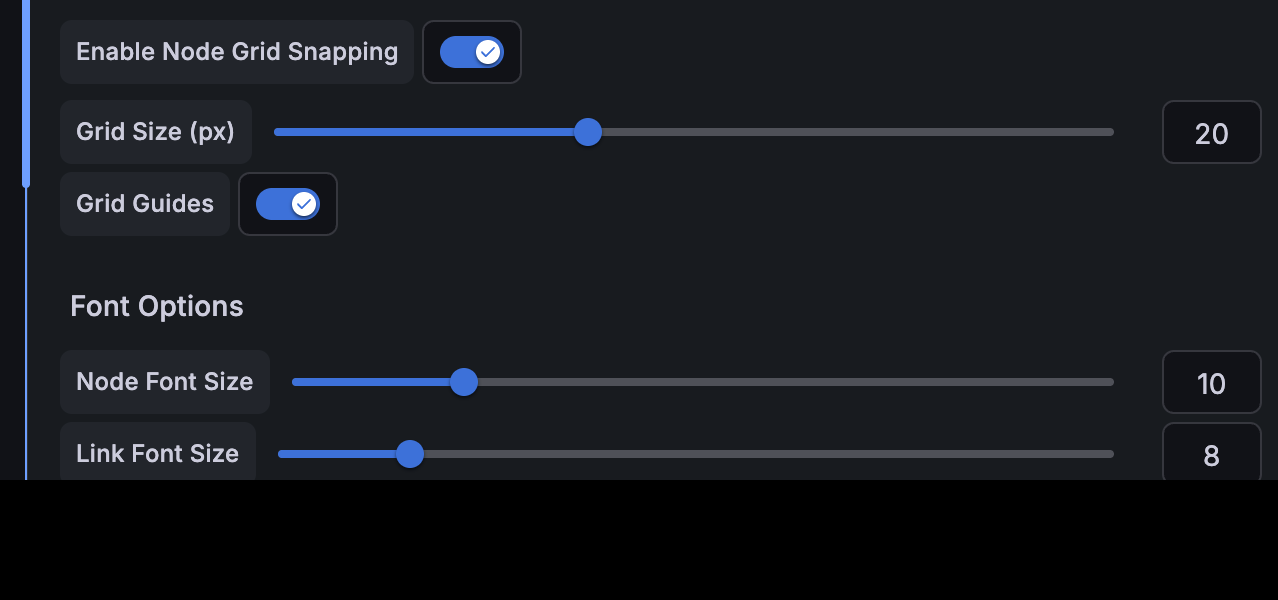 The Grid Options section of the panel editor: Enable Node Grid Snapping, Grid Size, and Grid Guides